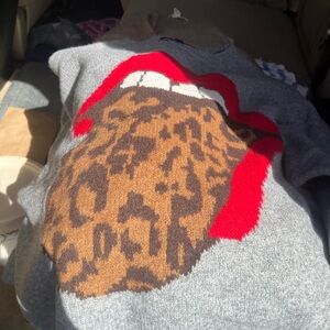 Lucky Brand Gray Crewneck Sweater with Red Lips and Brown Leopard Tongue